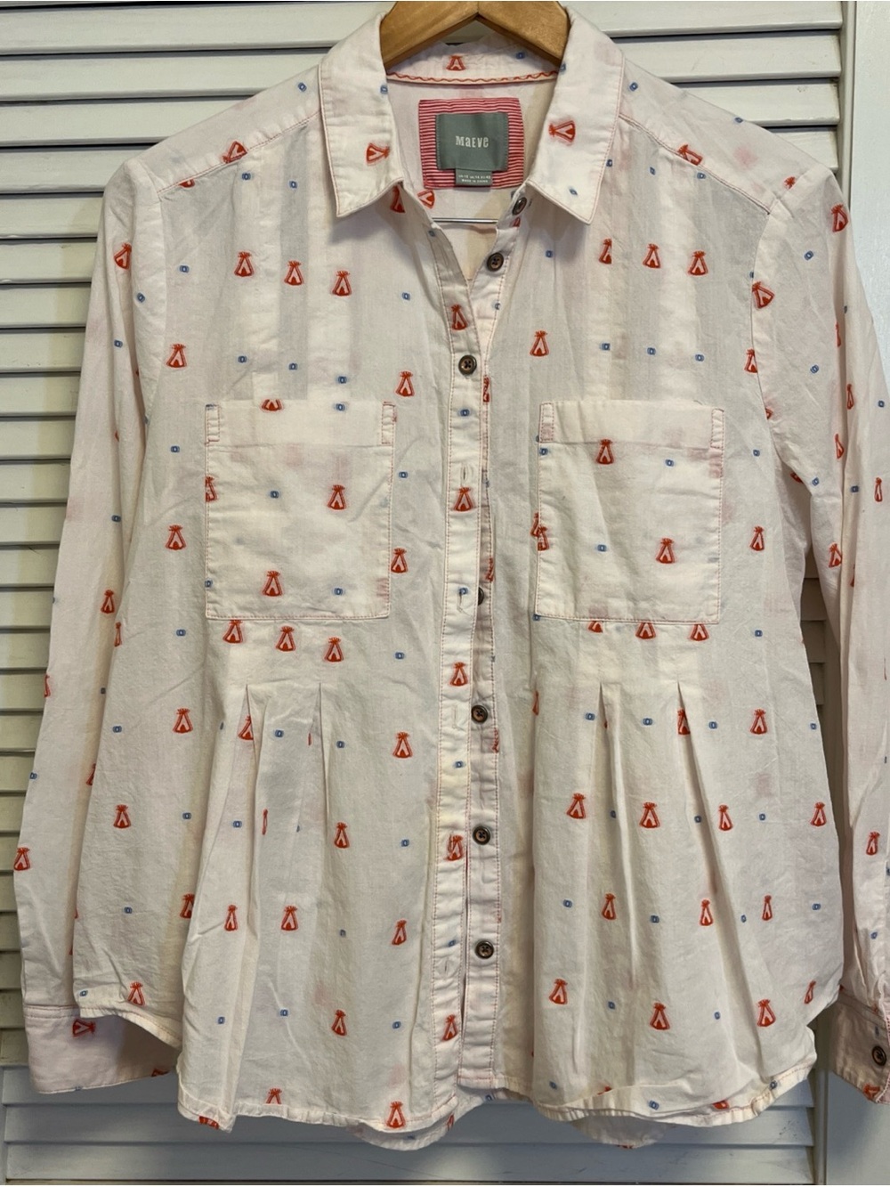 Maeve Anthropologie Teepee Print Button Down Shirt White Red Cotton 10 Boho